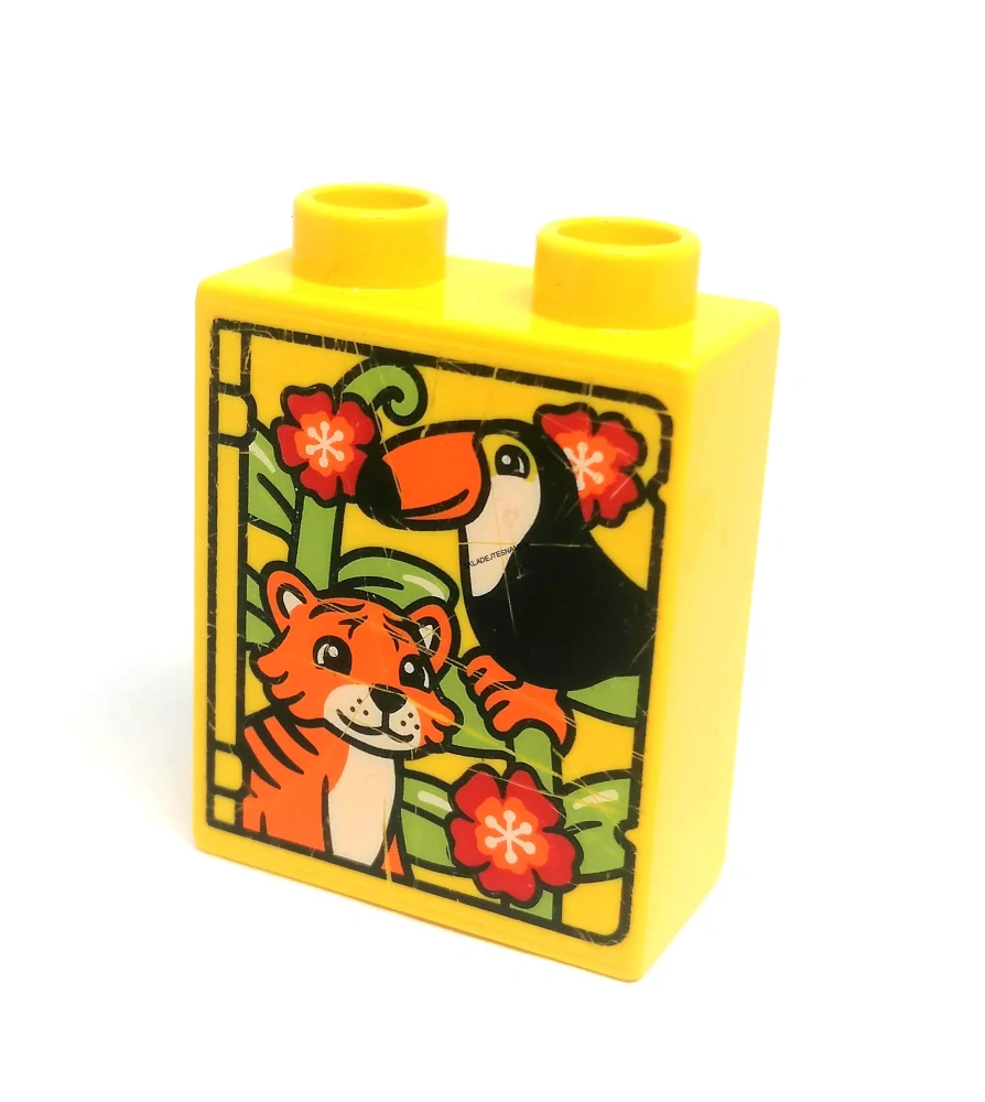H689 DUPLO HRANÁ KOSTKA 2X1 NOPEK POTISK TUKAN A TYGR ŽLUTÁ (DROBNÉ ŠKRÁBANEČKY)
