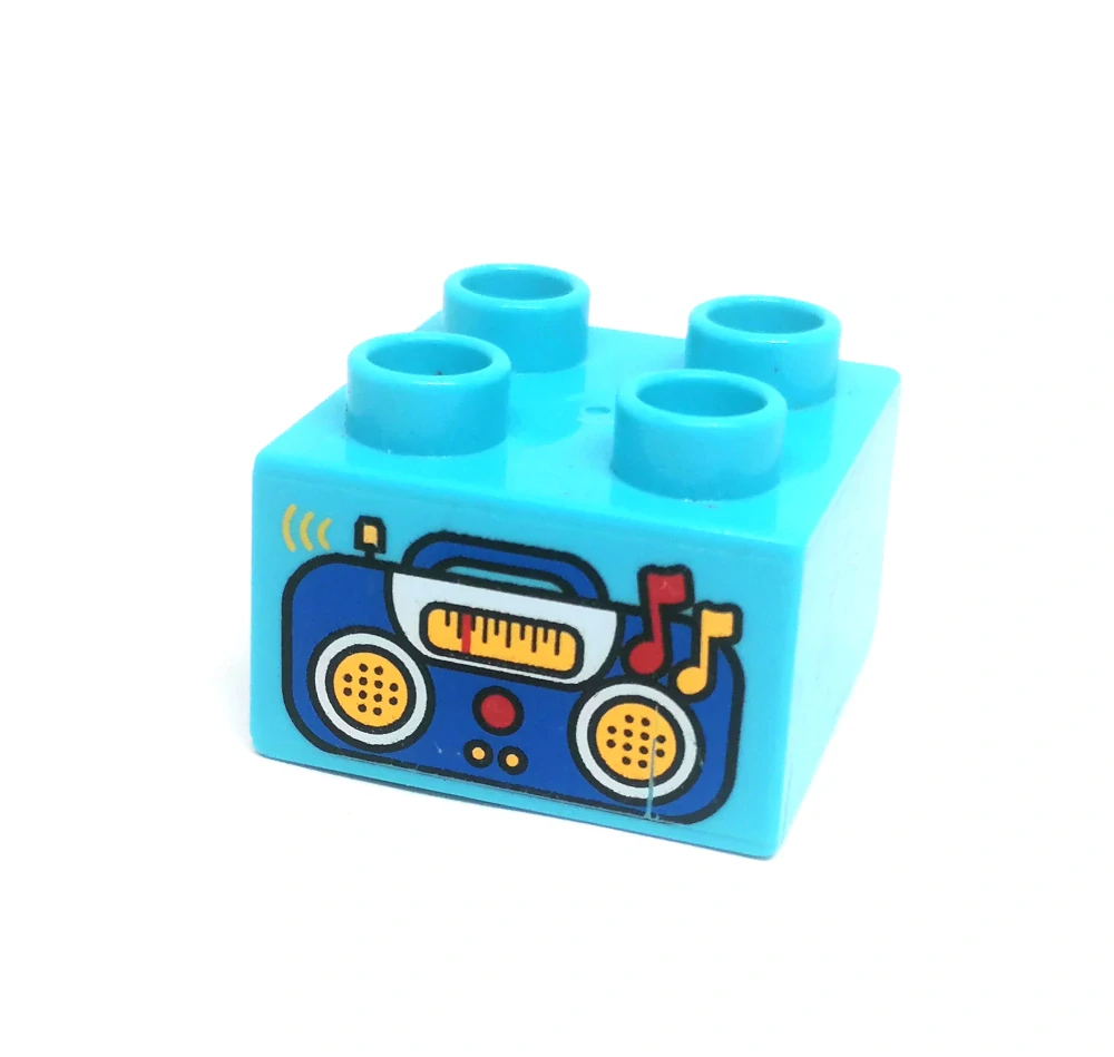 H702 DUPLO HRANÁ KOSTKA 2X2 NOPKY POTISK MAGNETOFON RADIO TYRKYSOVÁ