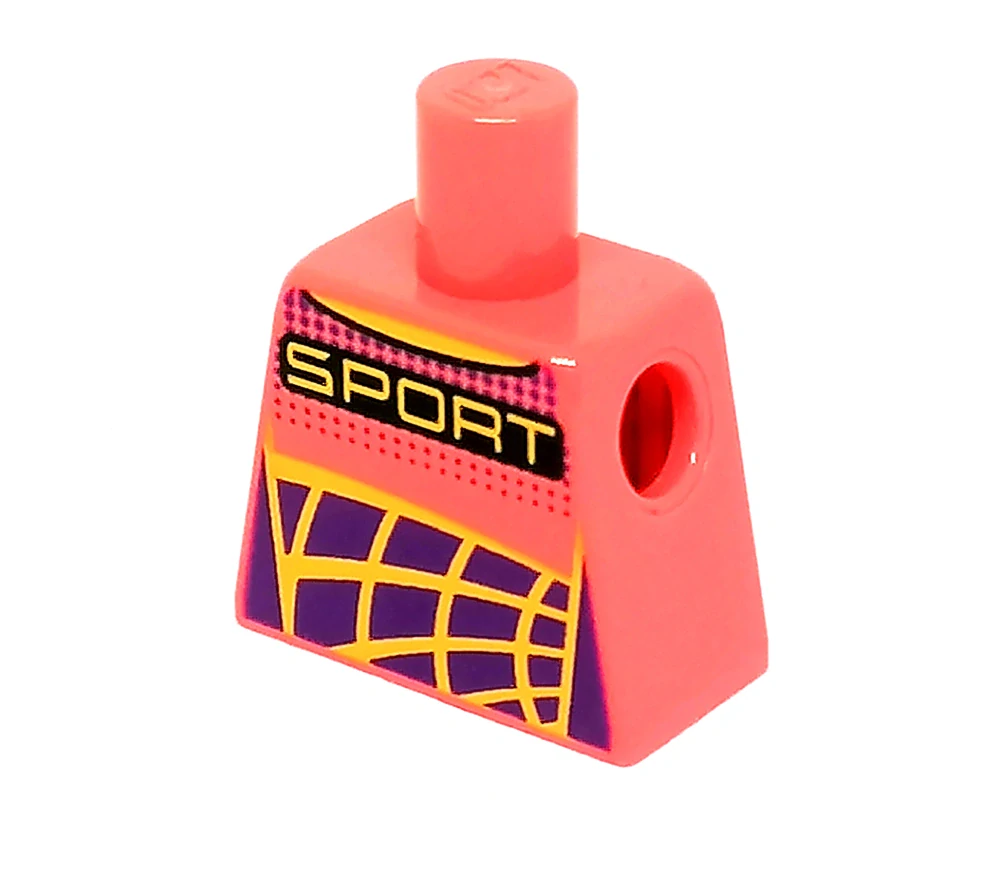 X580 LEGO HRANÝ DÍL TRUP BEZ PAŽÍ ORANŽOVO FIALOVÝ NÁPIS SPORT NA ZÁDECH