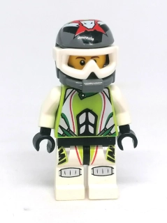 Lh4684 LEGO HRANÁ MINIFIGURKA MUŽ MOTORKÁŘ BÍLO ZELENÁ KOMBINÉZA