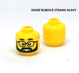 X516 LEGO DÍL HRANÝ ŽLUTÁ HLAVA S BRÝLEMI A ČERNÝM PLNOVOUSEM MUŽ