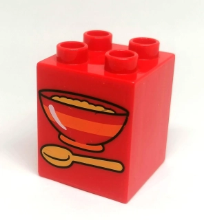 H695 DUPLO HRANÁ KOSTKA 2X2 NOPEK POTISK MISKA S KAŠÍ ČERVENÁ