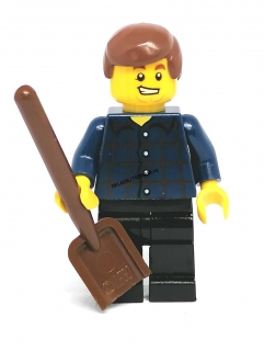 LH2123HRANÁ LEGO MINIFIGURKA MUŽ V KOSTKOVANÉ KOŠILI S LOPATOU